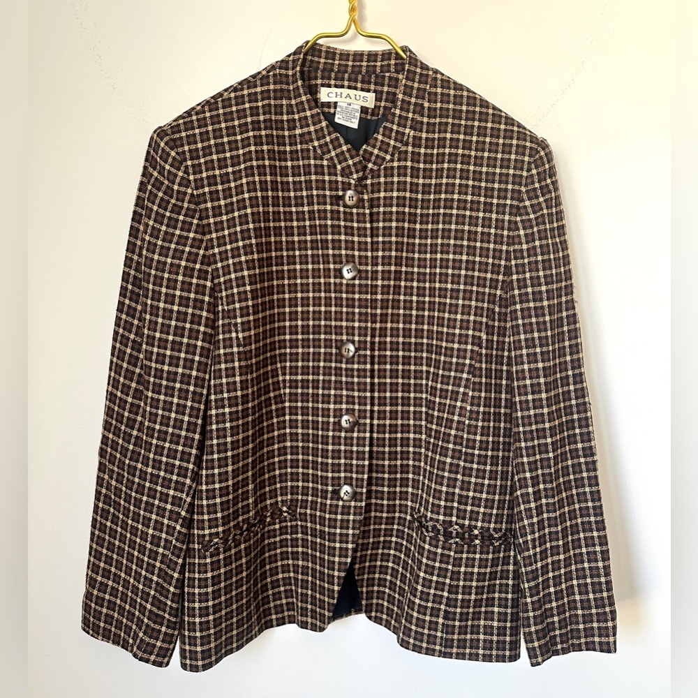 Vintage Chaus Brown Tan Plaid Look Retro Lined Button Blazer Jacket Women’s 14